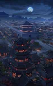 Preview wallpaper pagodas, buildings, architecture, night, aerial view, art