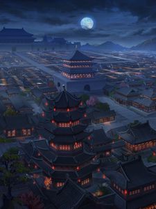 Preview wallpaper pagodas, buildings, architecture, night, aerial view, art