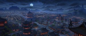 Preview wallpaper pagodas, buildings, architecture, night, aerial view, art