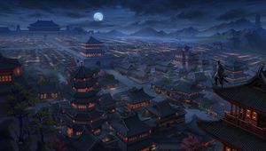 Preview wallpaper pagodas, buildings, architecture, night, aerial view, art