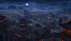 Preview wallpaper pagodas, buildings, architecture, night, aerial view, art