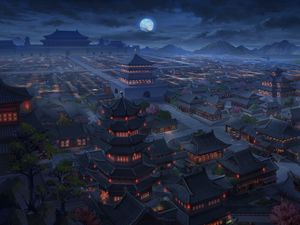 Preview wallpaper pagodas, buildings, architecture, night, aerial view, art