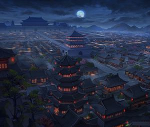 Preview wallpaper pagodas, buildings, architecture, night, aerial view, art