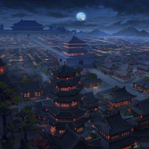 Preview wallpaper pagodas, buildings, architecture, night, aerial view, art