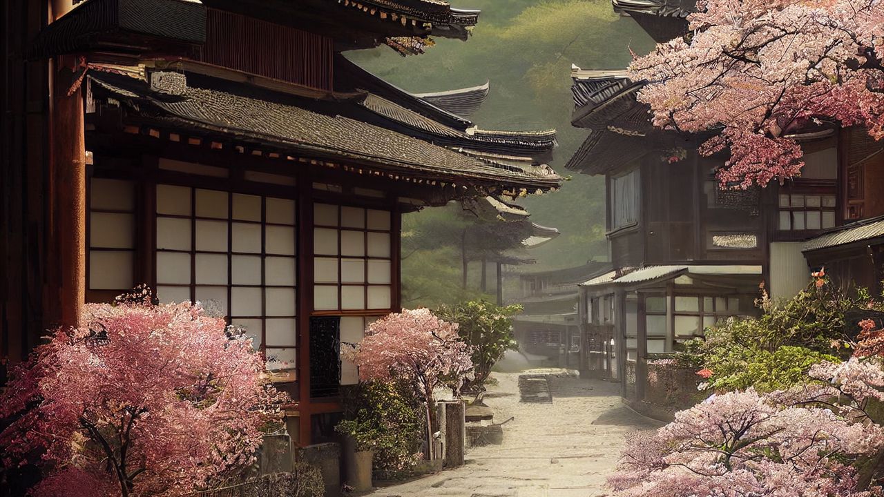 Wallpaper pagodas, sakura, japan, art