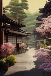 Preview wallpaper pagodas, sakura, japan, art
