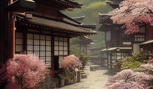 Preview wallpaper pagodas, sakura, japan, art