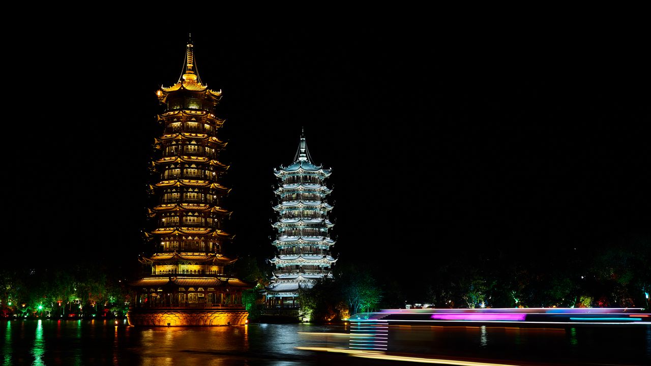 Wallpaper pagodas, towers, architecture, backlight, night, dark