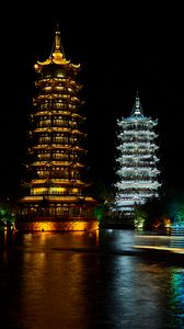 Preview wallpaper pagodas, towers, architecture, backlight, night, dark