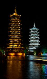 Preview wallpaper pagodas, towers, architecture, backlight, night, dark