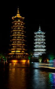 Preview wallpaper pagodas, towers, architecture, backlight, night, dark