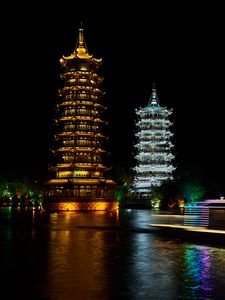 Preview wallpaper pagodas, towers, architecture, backlight, night, dark