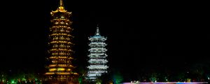 Preview wallpaper pagodas, towers, architecture, backlight, night, dark