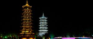 Preview wallpaper pagodas, towers, architecture, backlight, night, dark