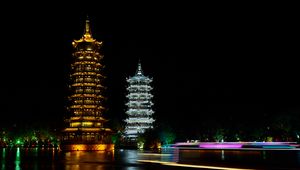 Preview wallpaper pagodas, towers, architecture, backlight, night, dark