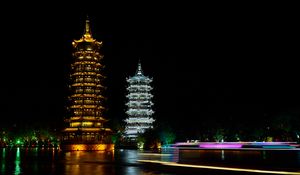 Preview wallpaper pagodas, towers, architecture, backlight, night, dark