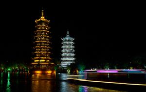 Preview wallpaper pagodas, towers, architecture, backlight, night, dark