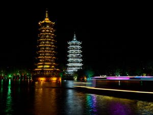 Preview wallpaper pagodas, towers, architecture, backlight, night, dark