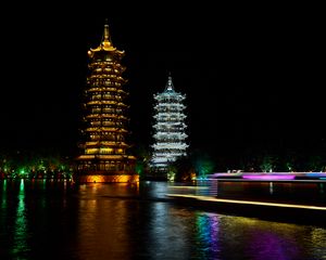 Preview wallpaper pagodas, towers, architecture, backlight, night, dark