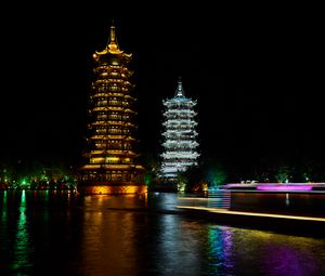 Preview wallpaper pagodas, towers, architecture, backlight, night, dark