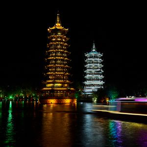 Preview wallpaper pagodas, towers, architecture, backlight, night, dark