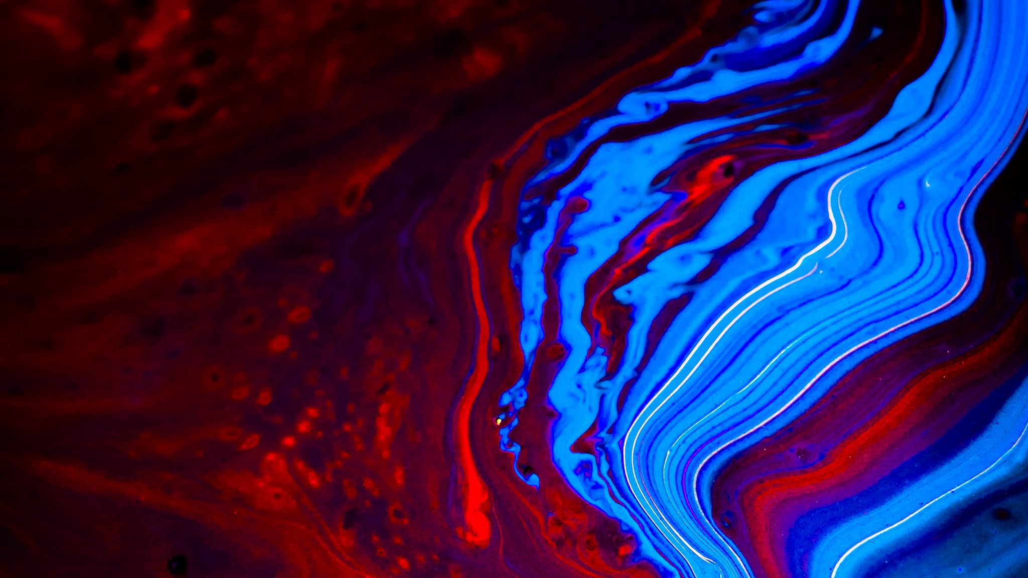 Download wallpaper 2048x1152 paint, liquid, fluid art, stains, distortion,  red, blue ultrawide monitor hd background