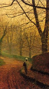 Preview wallpaper painting, art, canvas, autumn, road, girl, trees, leaf fall
