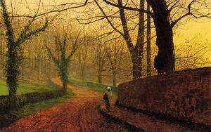Preview wallpaper painting, art, canvas, autumn, road, girl, trees, leaf fall