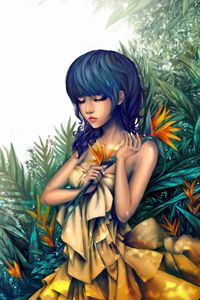 Preview wallpaper painting, art, girl, yellow dress, plants, face, eyes closed