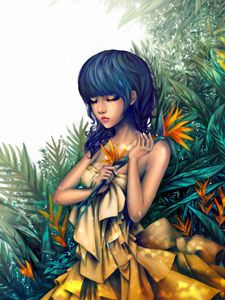 Preview wallpaper painting, art, girl, yellow dress, plants, face, eyes closed