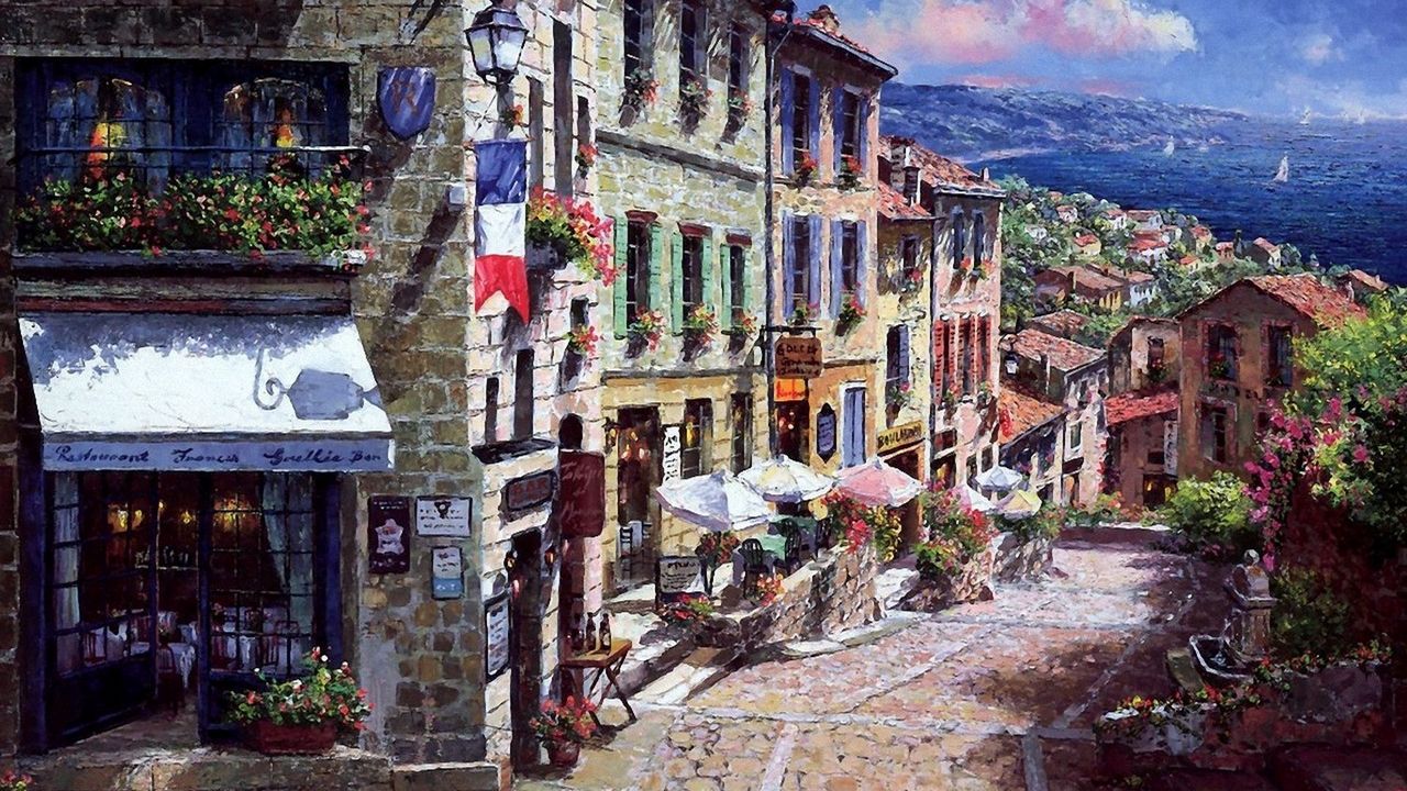Wallpaper painting, france, town, street, sea, sailing boats, houses, porches, flag, flashlight, restaurant, umbrellas, bridge, flowers