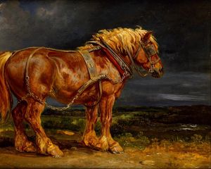 Preview wallpaper painting, horse, chestnut, harness, clouds