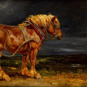 Preview wallpaper painting, horse, chestnut, harness, clouds