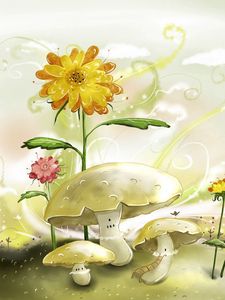 Preview wallpaper painting, paint, flowers, mushrooms, nature