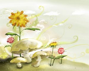 Preview wallpaper painting, paint, flowers, mushrooms, nature