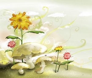 Preview wallpaper painting, paint, flowers, mushrooms, nature