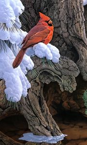 Preview wallpaper painting, snow, winter, tree, bird, cardinal