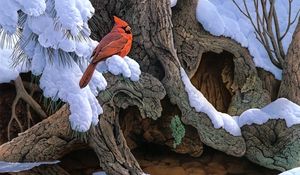 Preview wallpaper painting, snow, winter, tree, bird, cardinal