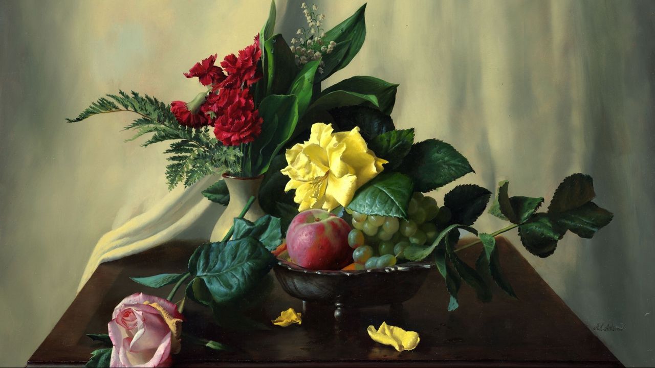 Wallpaper painting, still life, table, flowers, fruits, berries, roses, carnations, apples, lilies, ferns