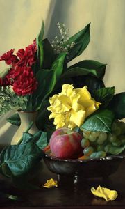 Preview wallpaper painting, still life, table, flowers, fruits, berries, roses, carnations, apples, lilies, ferns