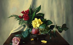 Preview wallpaper painting, still life, table, flowers, fruits, berries, roses, carnations, apples, lilies, ferns