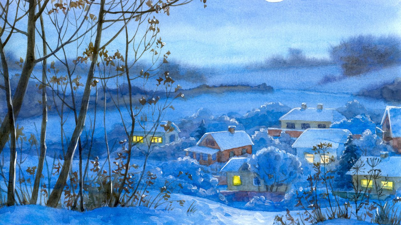Wallpaper painting, winter, village, home, night, month, snow