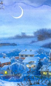 Preview wallpaper painting, winter, village, home, night, month, snow