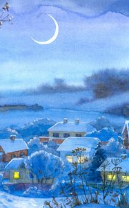 Preview wallpaper painting, winter, village, home, night, month, snow