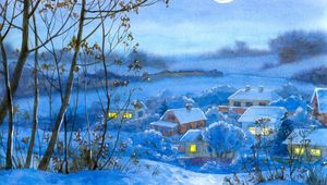 Preview wallpaper painting, winter, village, home, night, month, snow