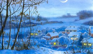 Preview wallpaper painting, winter, village, home, night, month, snow