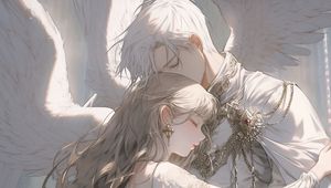 Preview wallpaper pair, wings, angels, hugs, love, white, anime