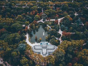 Preview wallpaper palace, trees, top view, architecture, landscape, madrid, spain