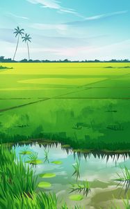 Preview wallpaper palm, grass, river, art