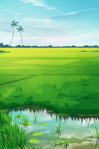 Preview wallpaper palm, grass, river, art